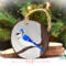 Handmade blue jay wood slice Christmas ornament with overall measurements at Cove Creek Photography.